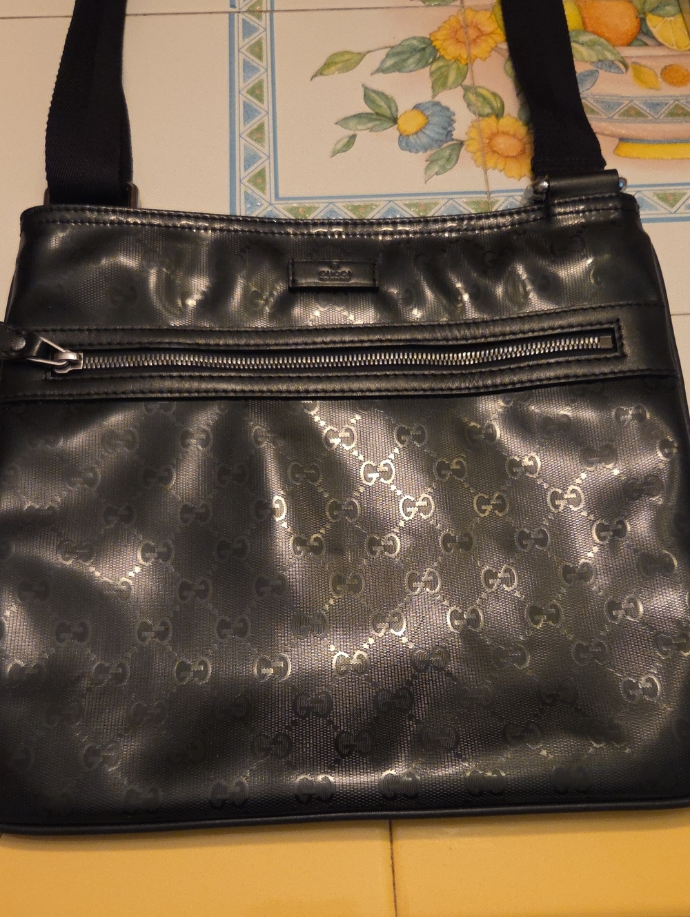 Gucci Black Monogram Messenger Bag with Silver Hardware.   Never Used.